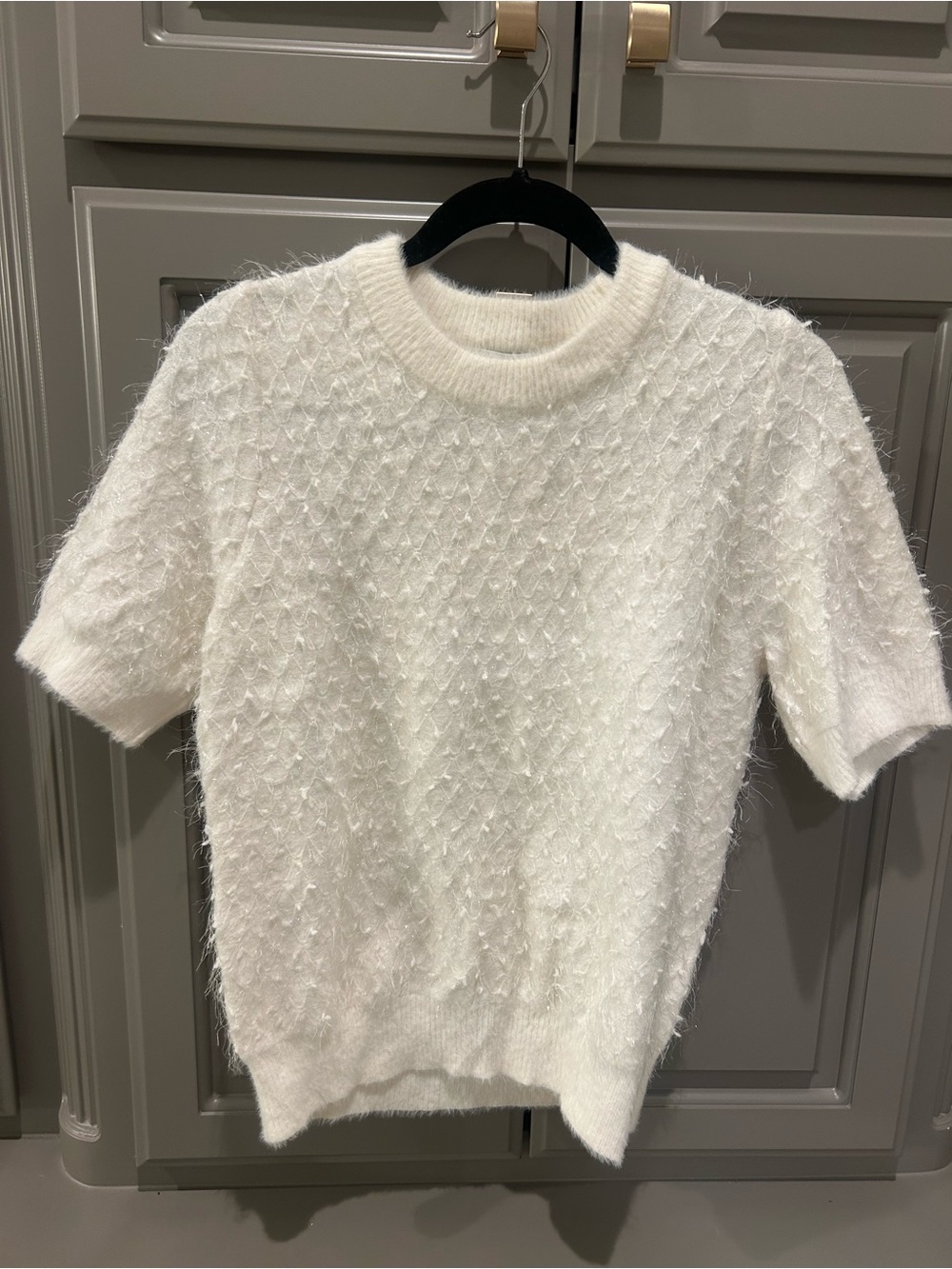 Another Love Cream Fuzzy Short-Sleeve Crewneck Sweater